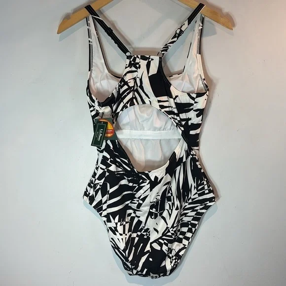 L.L.Bean black & white tropical one piece swimsuit UV blocking  size 10 NWT - Picture 3 of 10